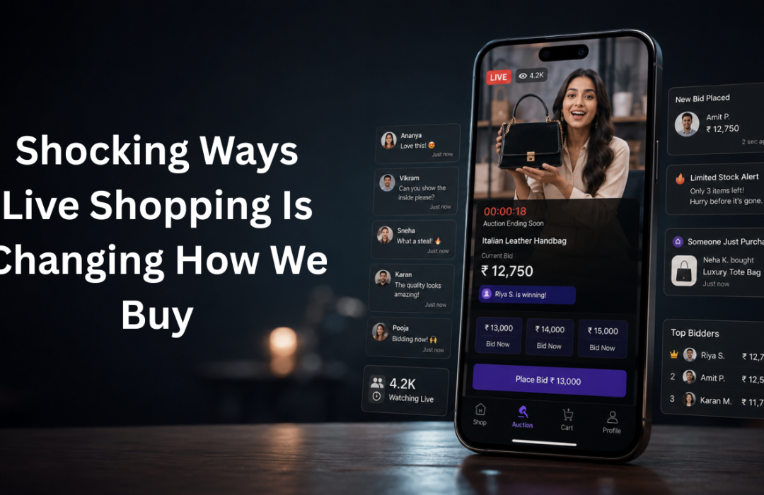 Live shopping platform combining e-commerce, entertainment, auctions, and real-time customer engagement