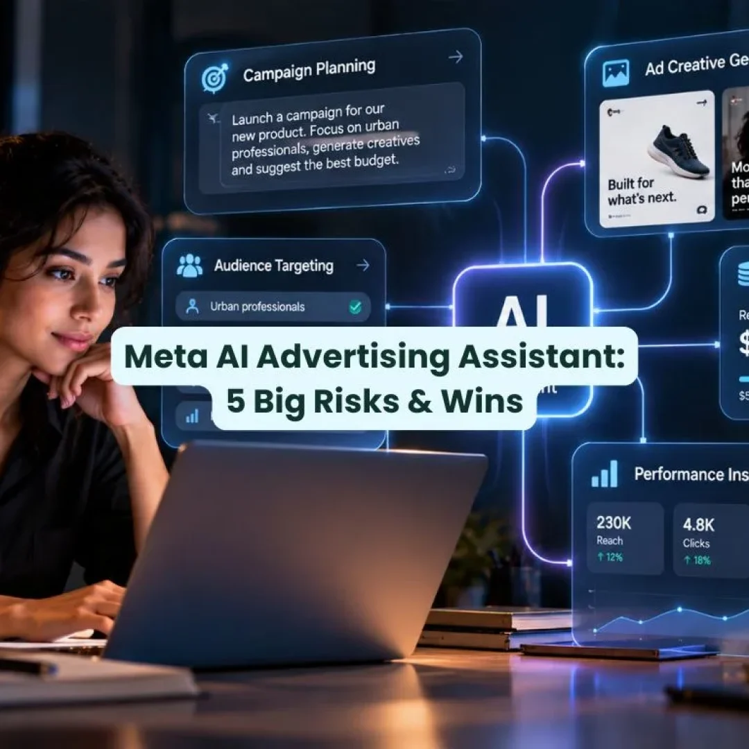 Meta AI advertising assistant helping a digital marketer manage advertising campaigns, generate creatives and optimise budgets through an AI-powered interface.