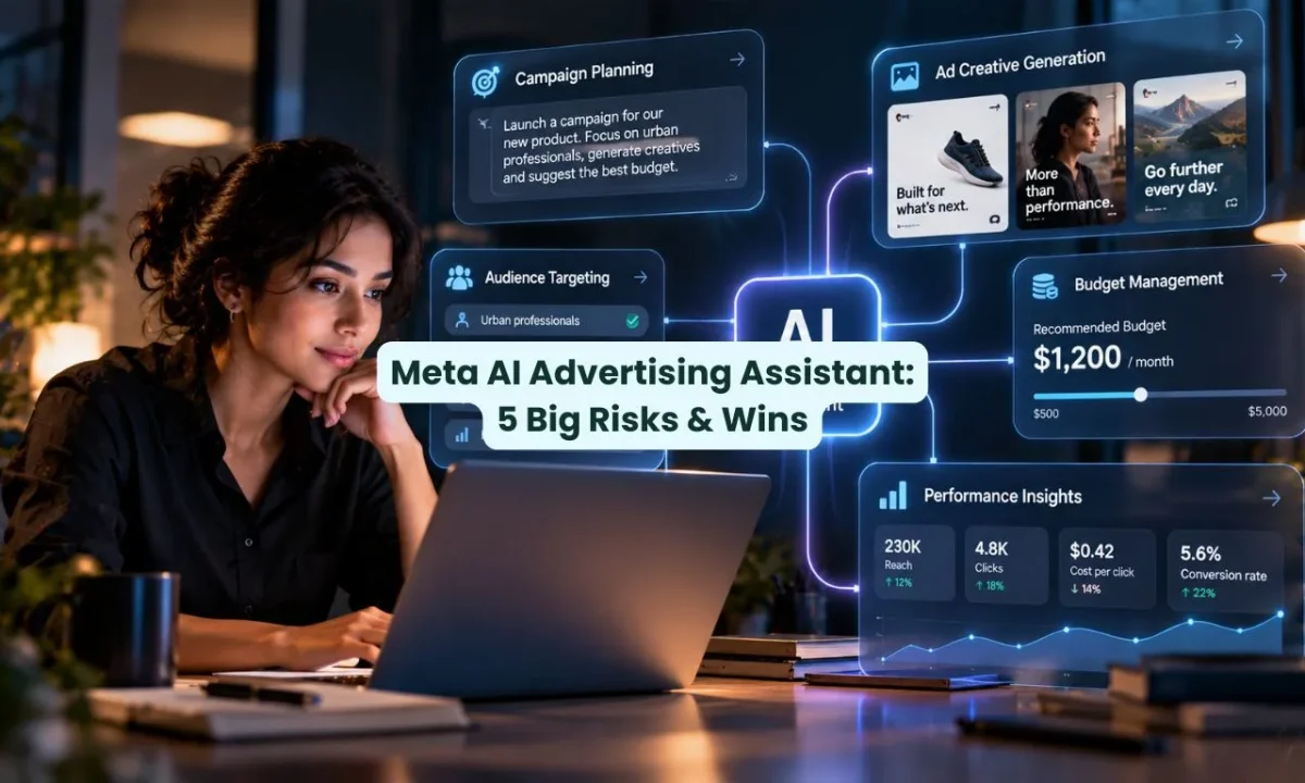 Meta AI advertising assistant helping a digital marketer manage advertising campaigns, generate creatives and optimise budgets through an AI-powered interface.