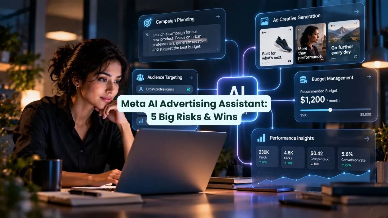 Meta AI advertising assistant helping a digital marketer manage advertising campaigns, generate creatives and optimise budgets through an AI-powered interface.
