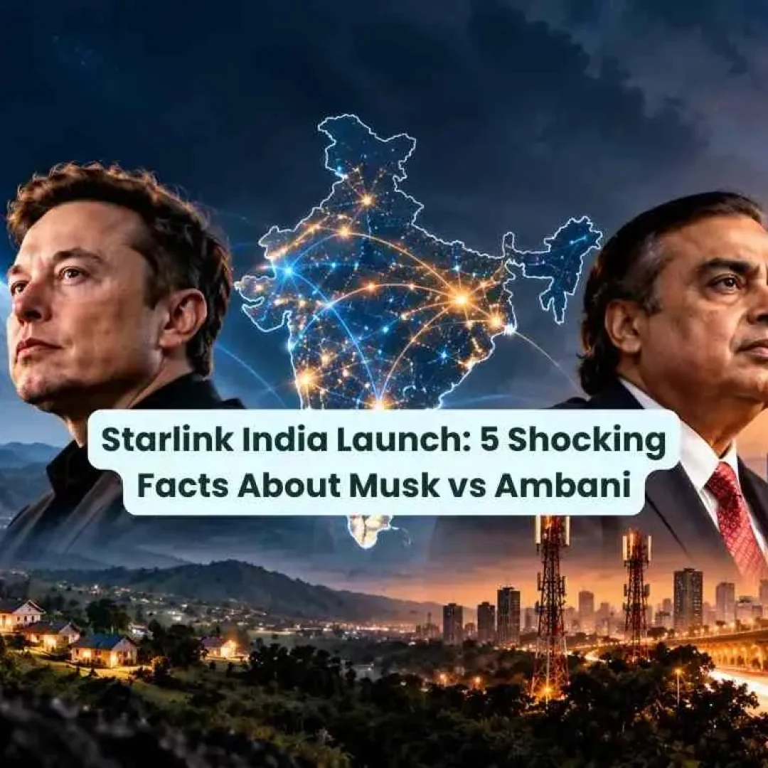 Starlink India Launch: Elon Musk and Mukesh Ambani face across a map of India, highlighting competition over market access, spectrum allocation, satellite internet, and India’s telecom infrastructure.