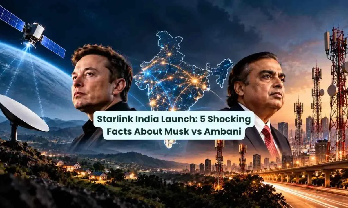 Starlink India Launch: Elon Musk and Mukesh Ambani face across a map of India, highlighting competition over market access, spectrum allocation, satellite internet, and India’s telecom infrastructure.