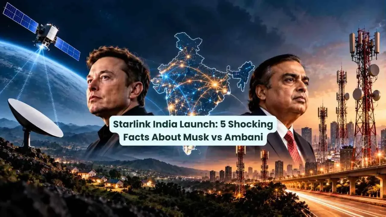 Starlink India Launch: Elon Musk and Mukesh Ambani face across a map of India, highlighting competition over market access, spectrum allocation, satellite internet, and India’s telecom infrastructure.