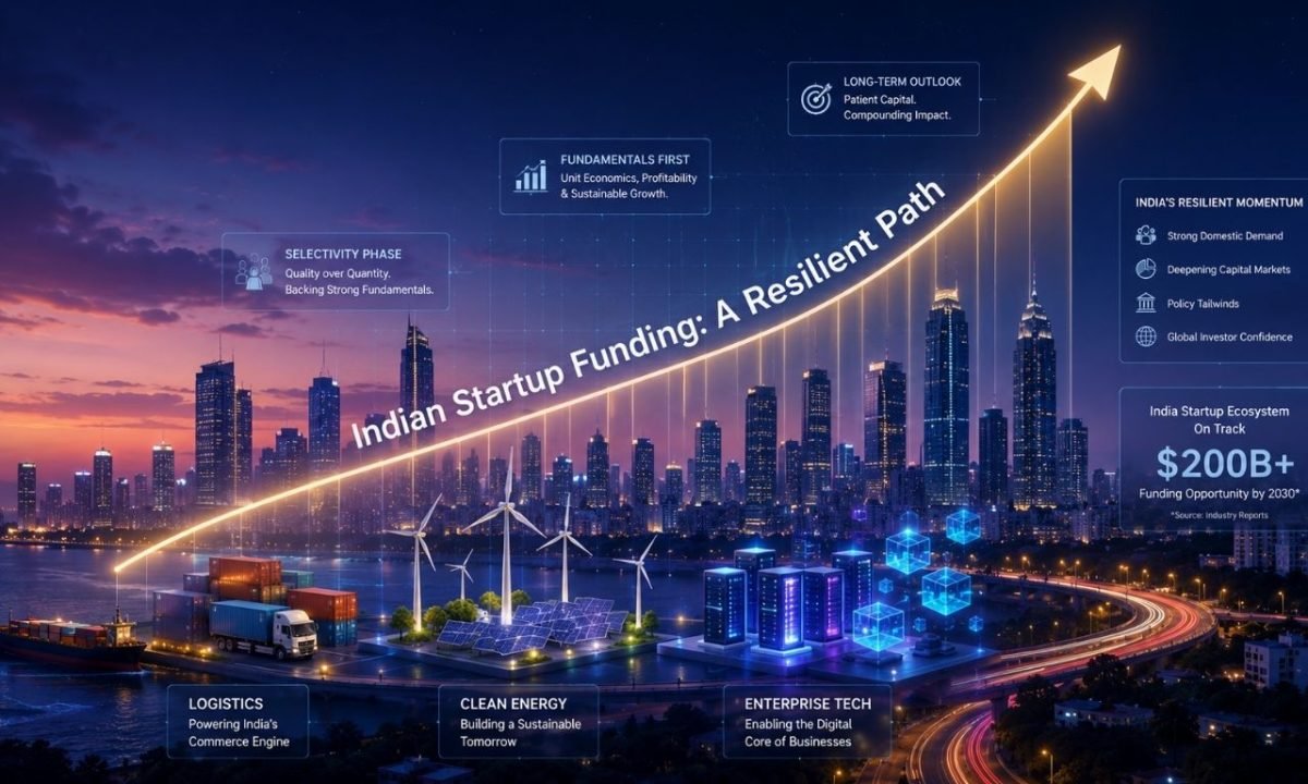 Conceptual visual showing the resilient growth of startup funding in India with upward trend arrows and financial data overlays.