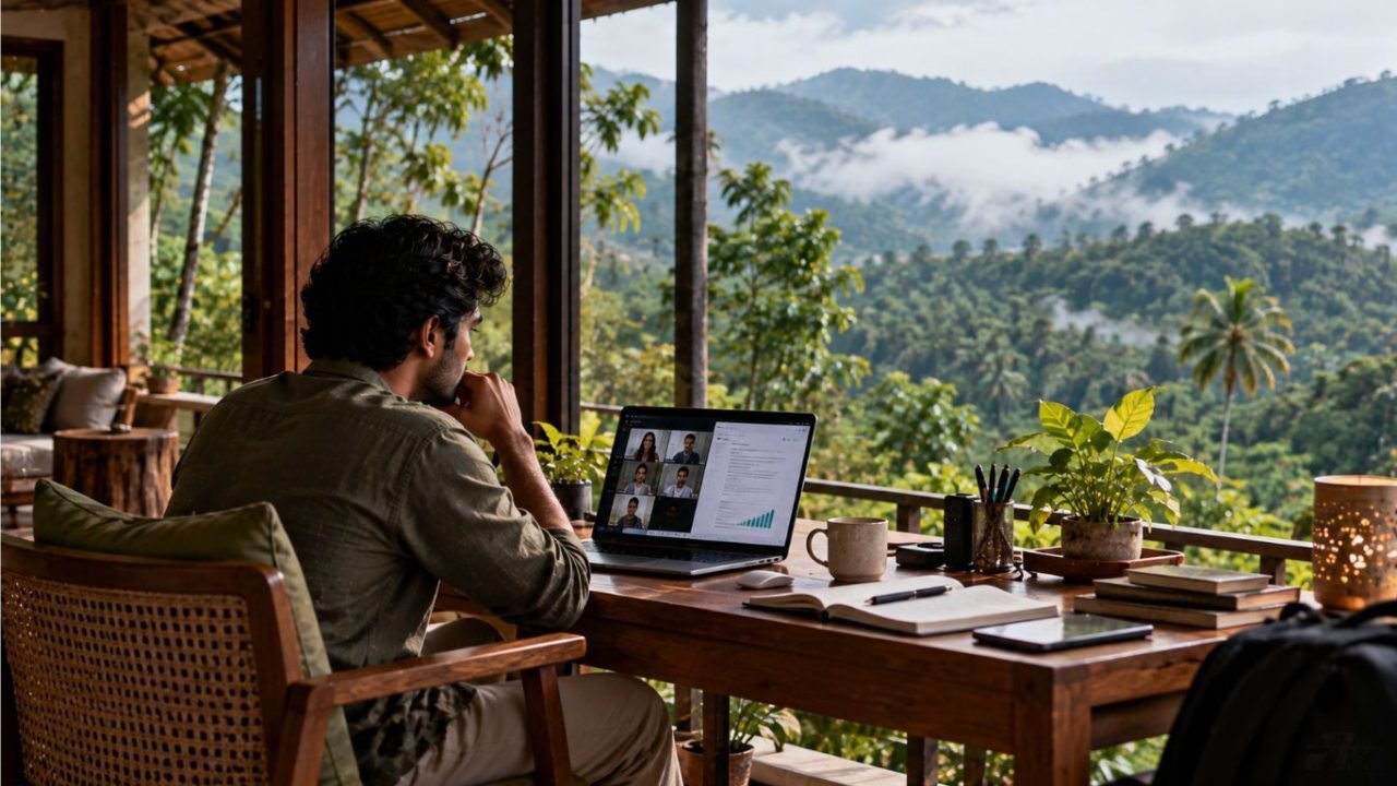 Work From Forest workspace overlooking the forests and mountains of Kerala