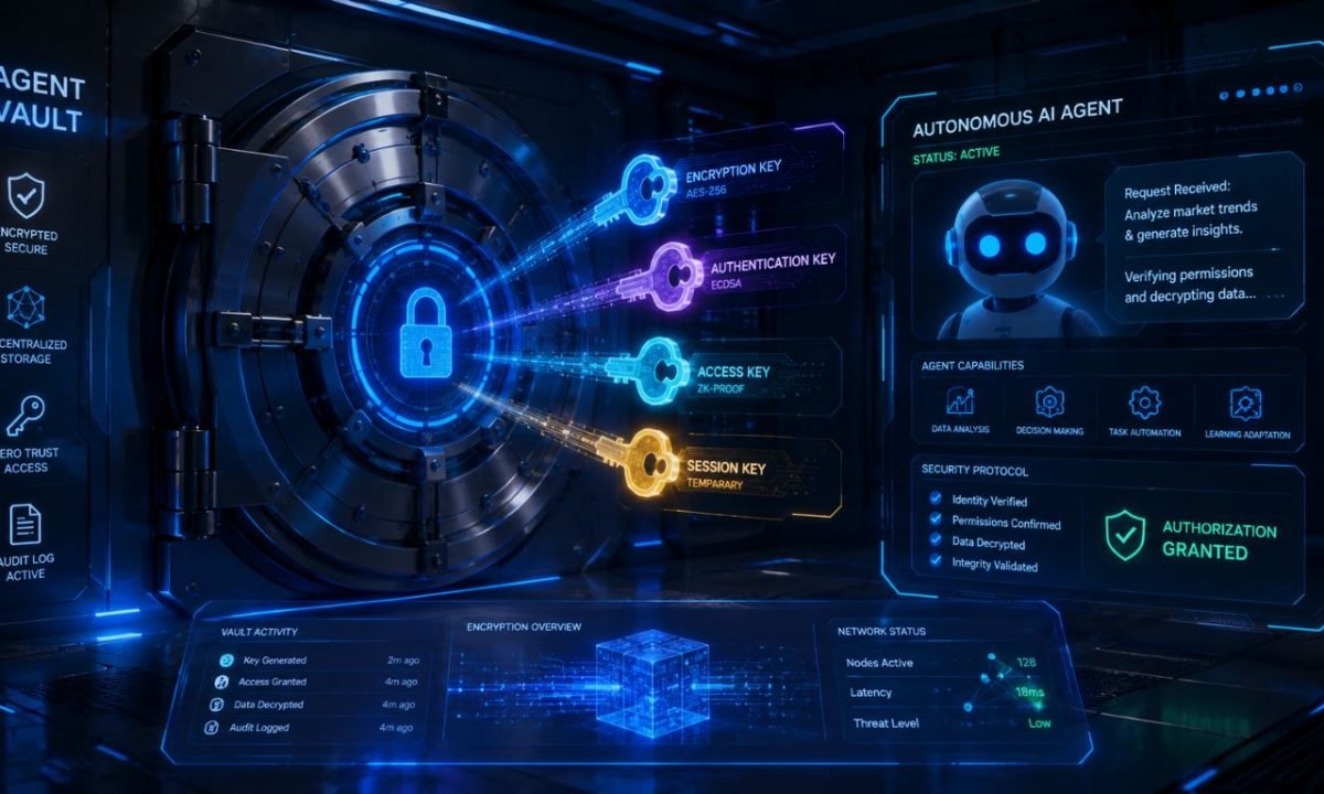 Futuristic digital vault demonstrating AI agents and password security integration for automated logins.