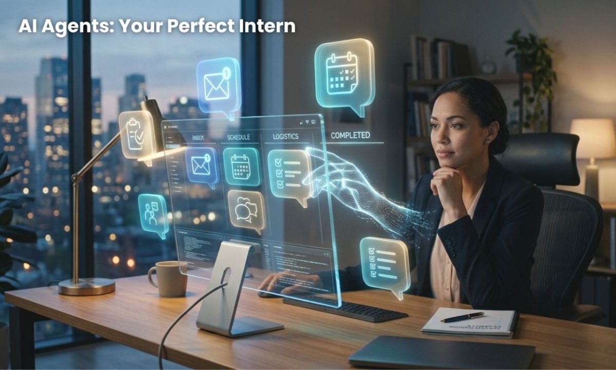 A cinematic photograph of a professional office where glowing holographic task bubbles are being organized by AI agents for productivity, illustrating the shift from manual work to automated delegation.