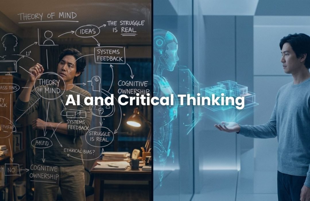 A split-screen image showing the messy process of human brainstorming versus the cold instant delivery of AI, illustrating the impact of AI and critical thinking.
