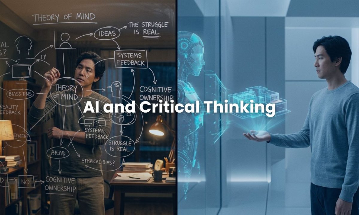 A split-screen image showing the messy process of human brainstorming versus the cold instant delivery of AI, illustrating the impact of AI and critical thinking.