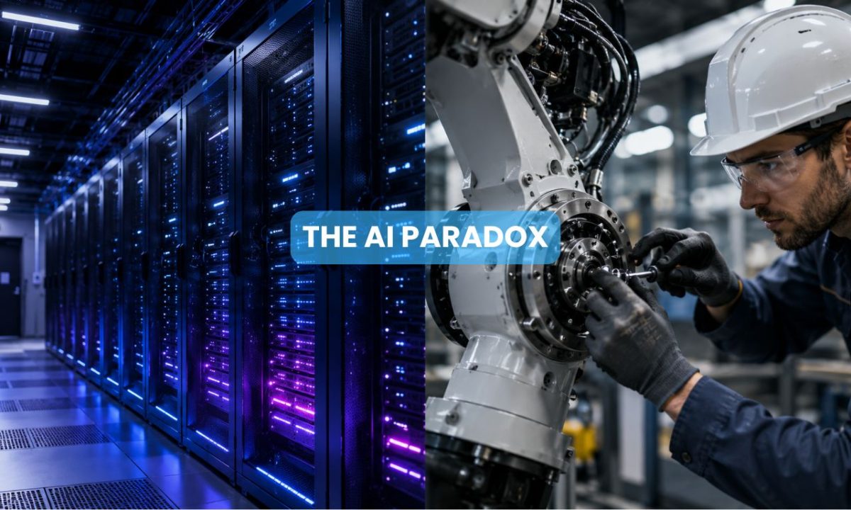 A dual conceptual photo showing a glowing data center server rack alongside a technician servicing a robotic arm, illustrating the paradox of AI and the future of work.