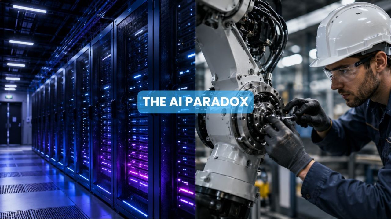 A dual conceptual photo showing a glowing data center server rack alongside a technician servicing a robotic arm, illustrating the paradox of AI and the future of work.