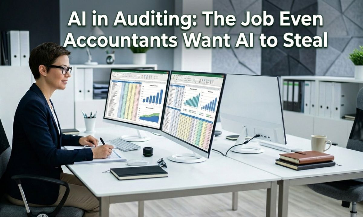 A focused accountant working on complex Excel financial spreadsheets on multiple monitors, representing traditional audit work. Overlaid text reads: 'AI in Auditing: The Job Even Accountants Want AI to Steal'.