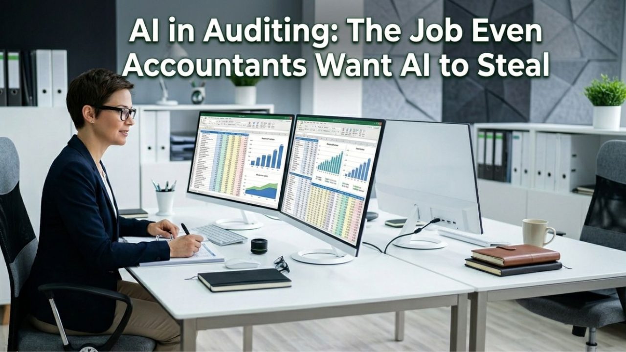 A focused accountant working on complex Excel financial spreadsheets on multiple monitors, representing traditional audit work. Overlaid text reads: 'AI in Auditing: The Job Even Accountants Want AI to Steal'.