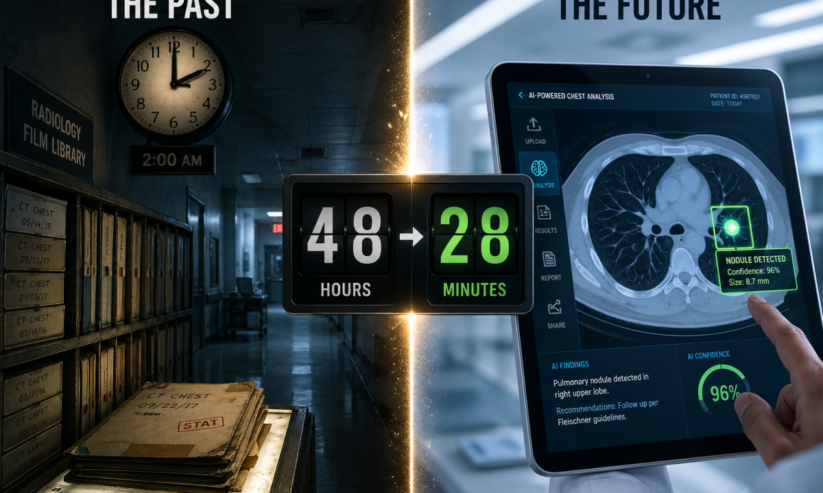 A cinematic comparison of traditional slow medical reporting versus fast AI in healthcare diagnostics.