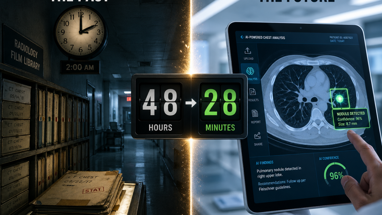 A cinematic comparison of traditional slow medical reporting versus fast AI in healthcare diagnostics.