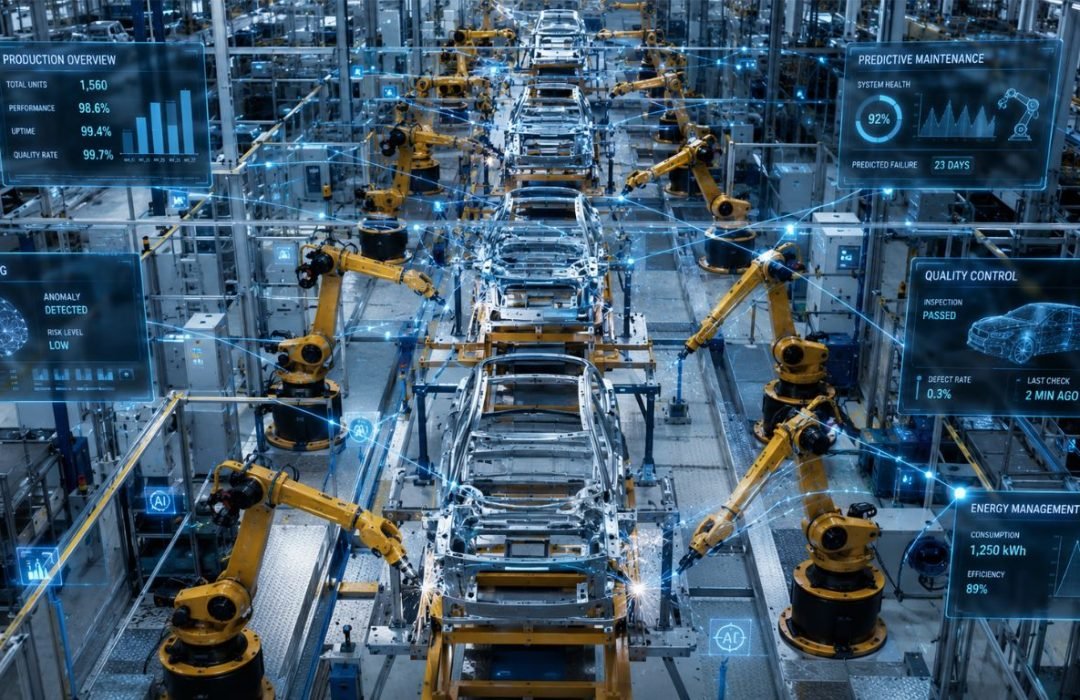 Smart factory floor featuring robotic assembly line and digital overlays illustrating AI in manufacturing