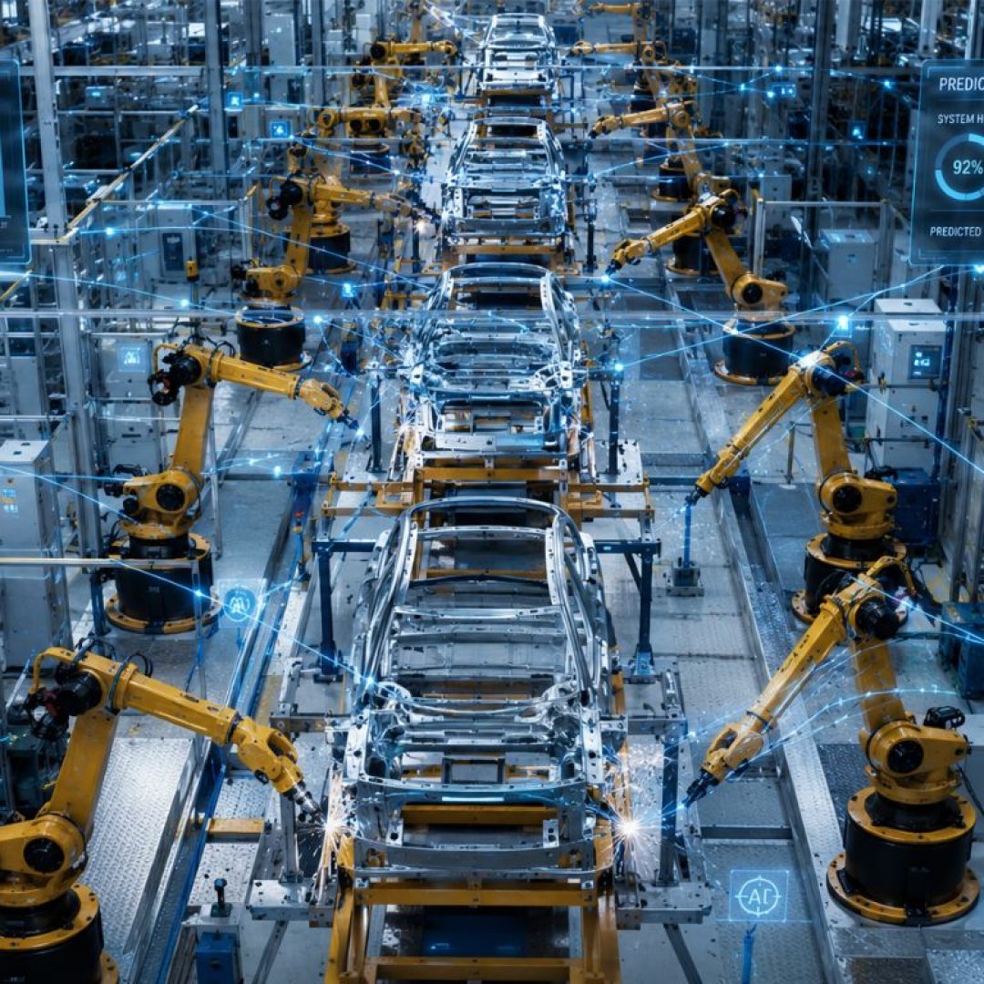 Smart factory floor featuring robotic assembly line and digital overlays illustrating AI in manufacturing