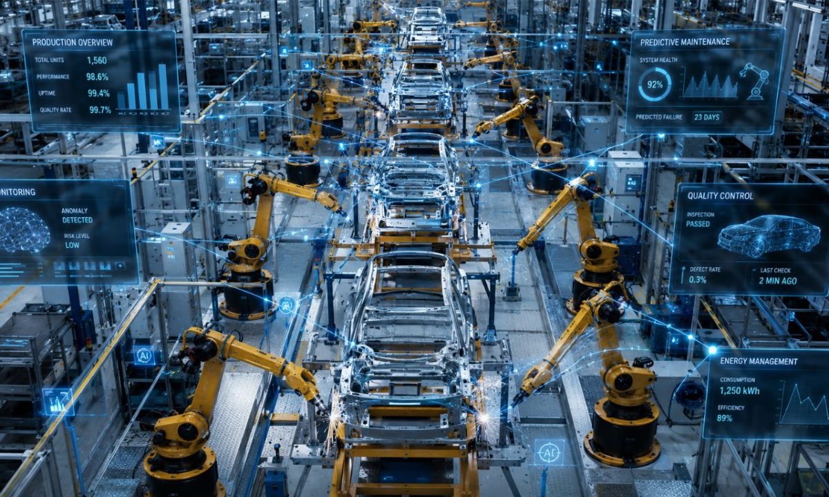 Smart factory floor featuring robotic assembly line and digital overlays illustrating AI in manufacturing