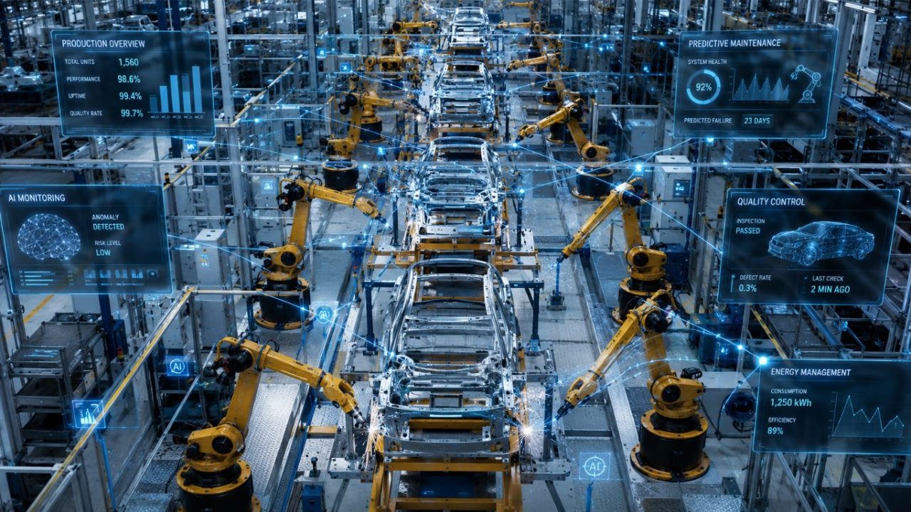Smart factory floor featuring robotic assembly line and digital overlays illustrating AI in manufacturing