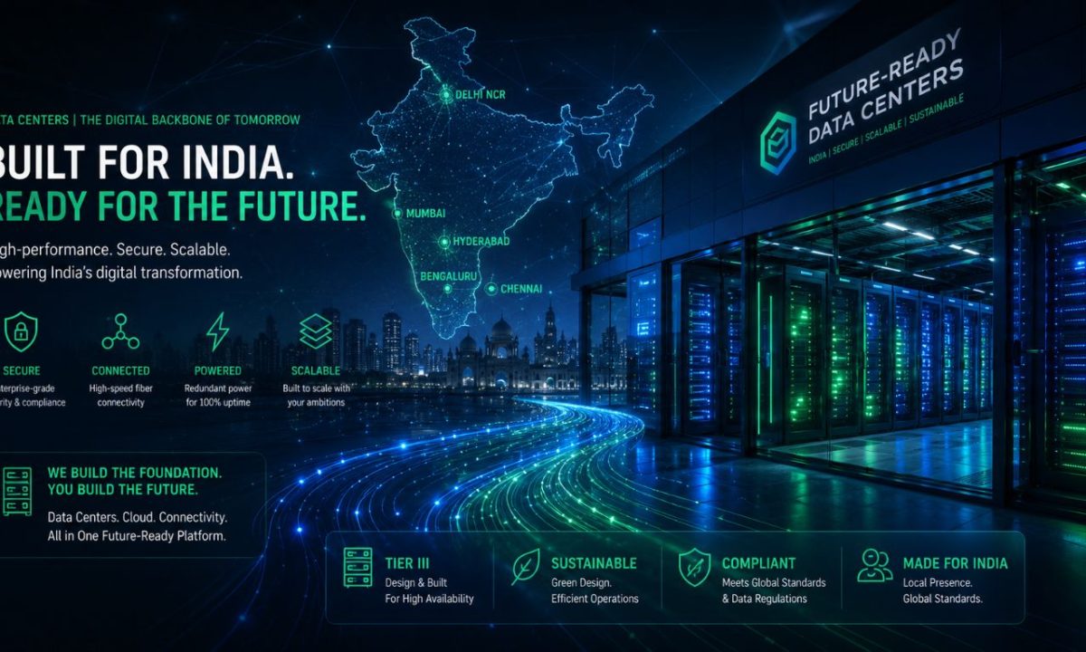 A futuristic data center facility representing the growth and core technological physical layout provided by AI infrastructure companies in India.
