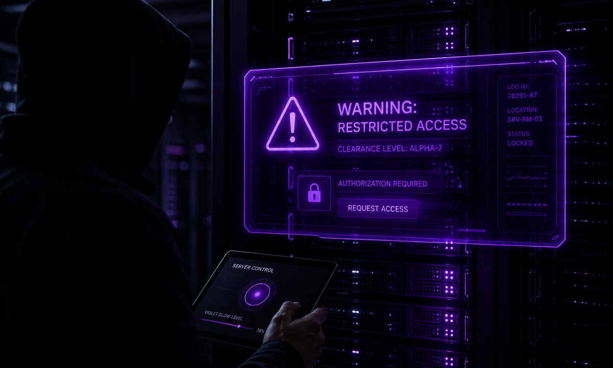A cinematic visual of restricted AI technology, illustrating the "fear-based" AI marketing strategy used by top tech firms to create a perception of power.