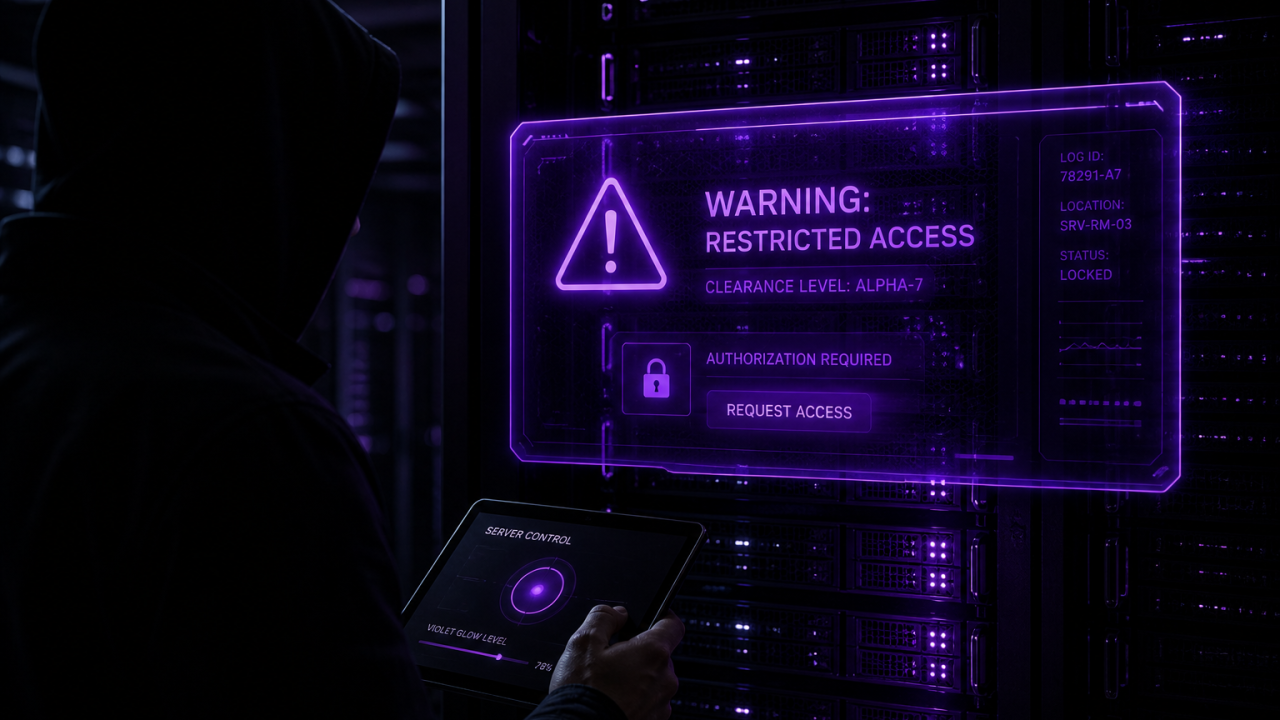 A cinematic visual of restricted AI technology, illustrating the "fear-based" AI marketing strategy used by top tech firms to create a perception of power.