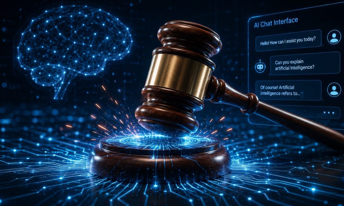 A conceptual digital graphic representing AI on trial with a classic courtroom gavel striking a futuristic glowing circuit board.