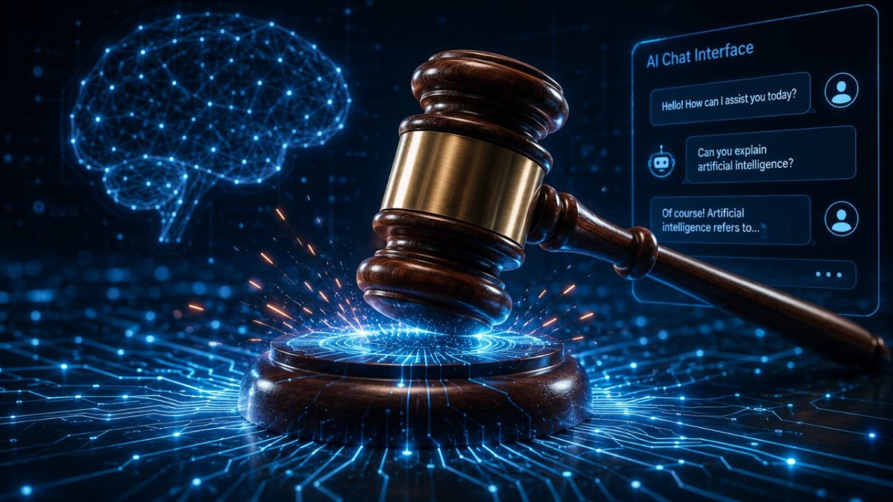 A conceptual digital graphic representing AI on trial with a classic courtroom gavel striking a futuristic glowing circuit board.