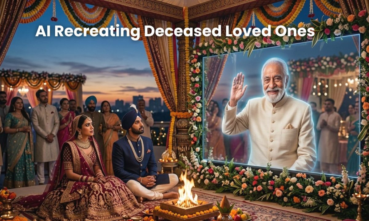 A surreal cinematic photograph of an AI recreated loved one (Dadaji) appearing on a transparent digital screen to bless a couple during a traditional Indian wedding ceremony, illustrating the tension between memory and simulation.