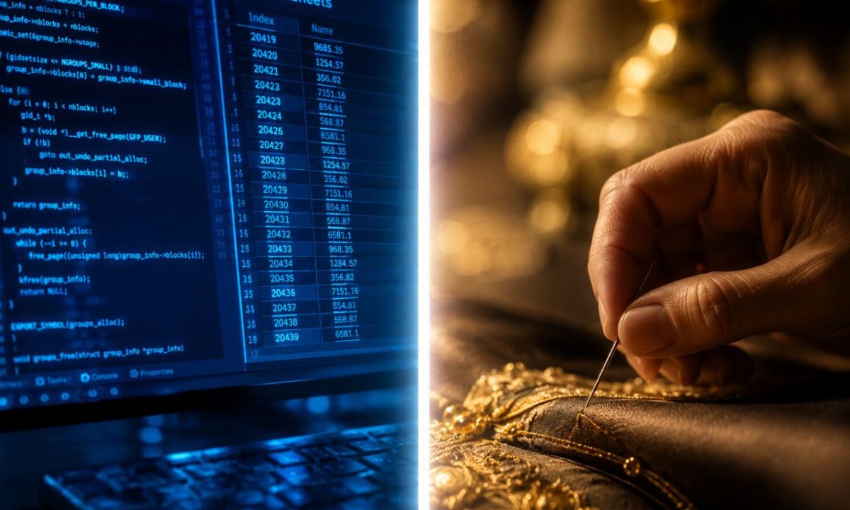 A visual comparison of digital automation versus AI-resistant skills like traditional tailoring and craftsmanship.
