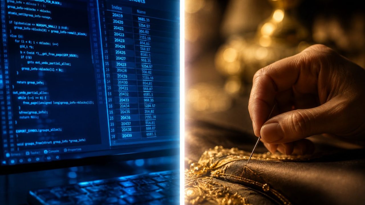 A visual comparison of digital automation versus AI-resistant skills like traditional tailoring and craftsmanship.