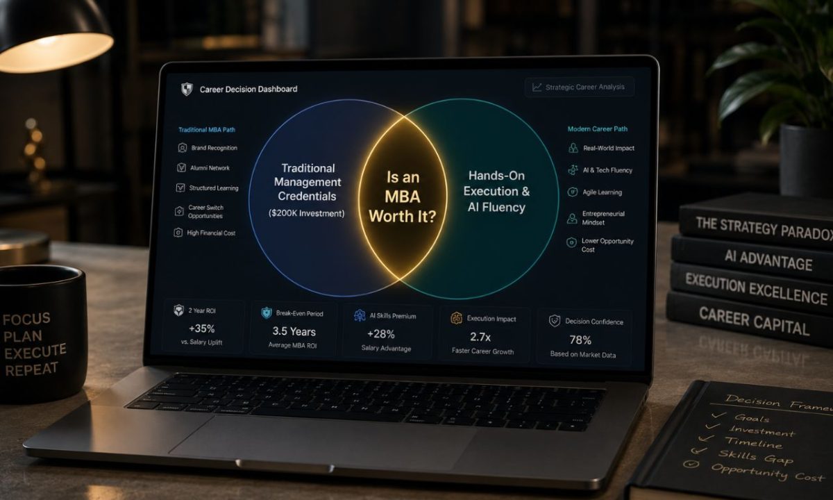 A sleek modern laptop screen displaying a skills vs credentials Venn diagram, helping professionals decide is an MBA worth it in today's economy.