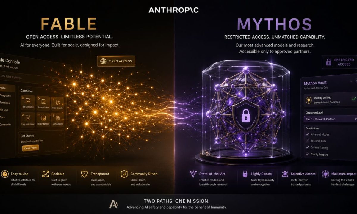 A premium dark tech abstract background displaying an open digital network alongside a securely locked neural core to represent the Claude 5 ecosystem.