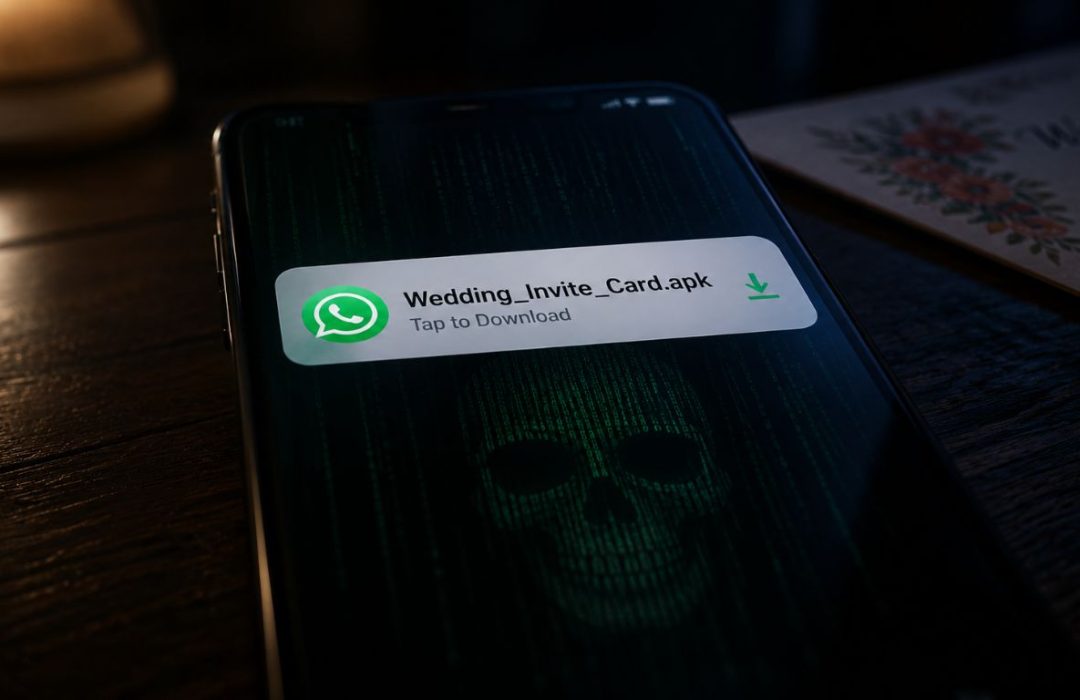 A smartphone screen displaying a malicious file download, showcasing a common apk file scam tactic.