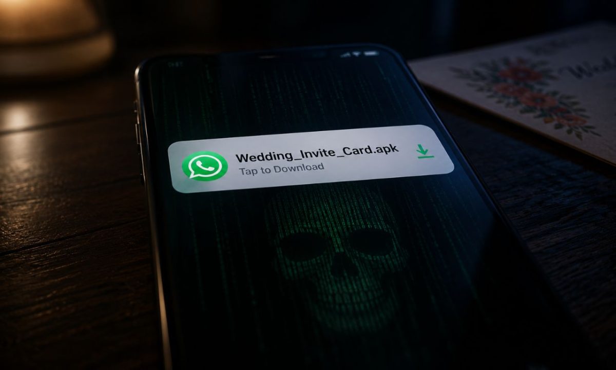A smartphone screen displaying a malicious file download, showcasing a common apk file scam tactic.