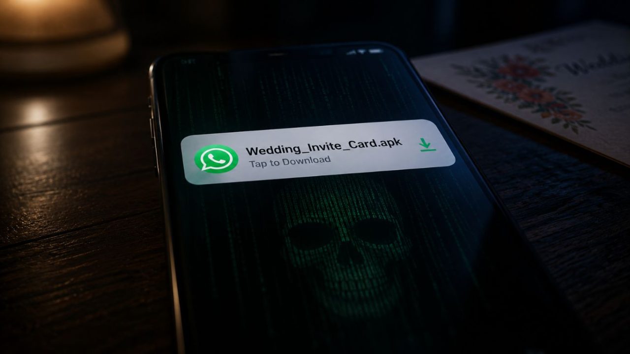 A smartphone screen displaying a malicious file download, showcasing a common apk file scam tactic.