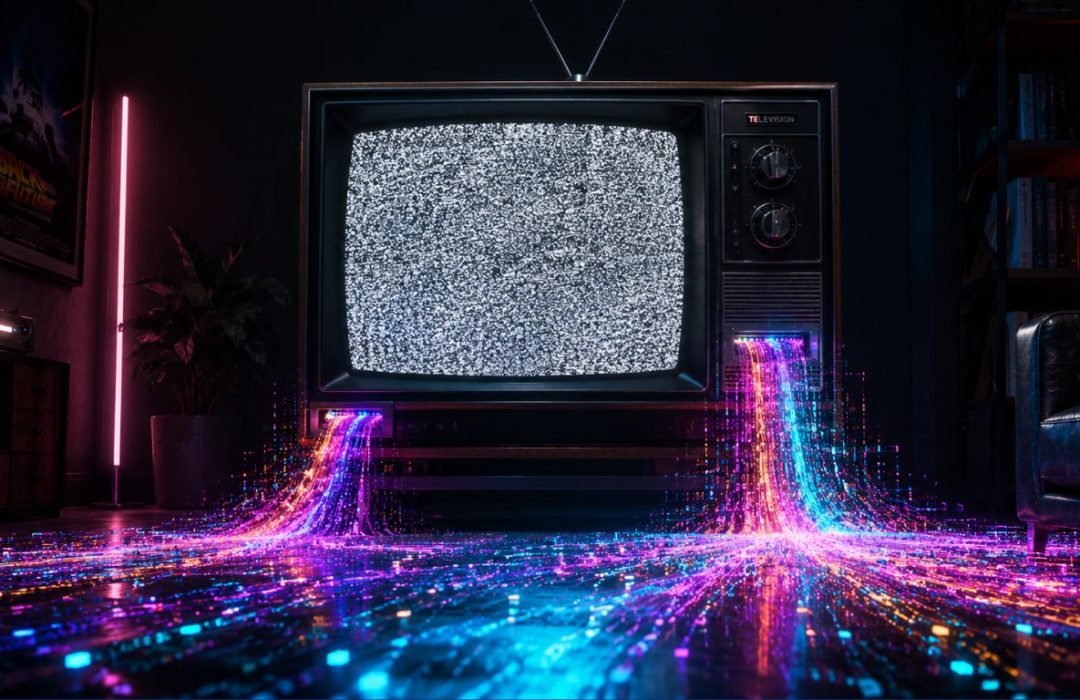 A visual representation of the tv ad era being replaced by vibrant digital streaming data.