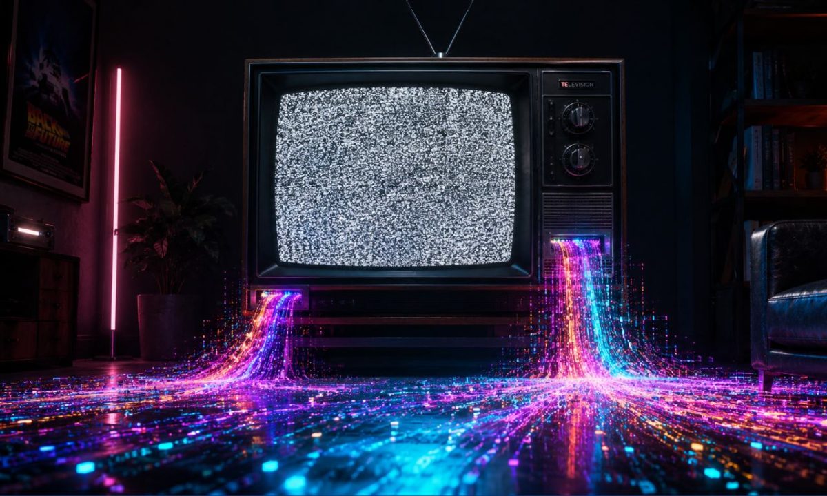 A visual representation of the tv ad era being replaced by vibrant digital streaming data.