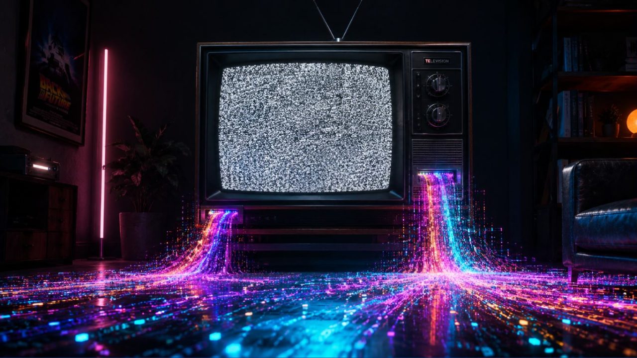 A visual representation of the tv ad era being replaced by vibrant digital streaming data.