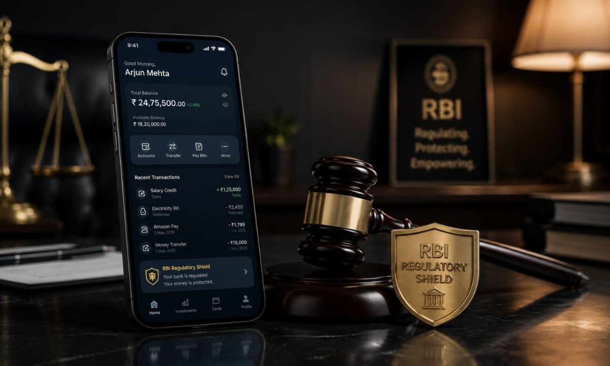 A professional smartphone showing a secure digital banking interface resting next to a legal gavel, illustrating customer protections under the RBI digital fraud compensation rules.
