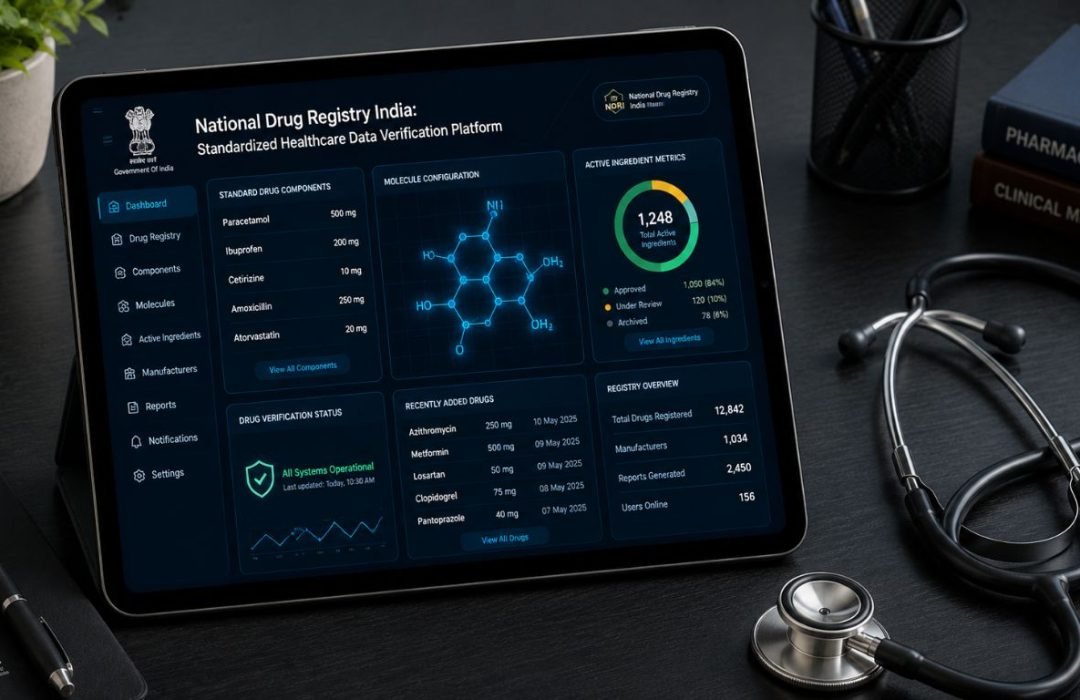 A modern tablet displaying a clinical drug verification interface, illustrating the digital infrastructure behind the National Drug Registry India.