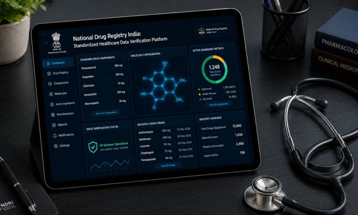 A modern tablet displaying a clinical drug verification interface, illustrating the digital infrastructure behind the National Drug Registry India.