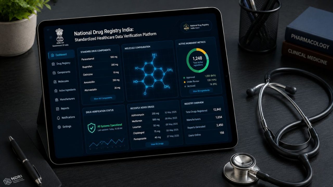 A modern tablet displaying a clinical drug verification interface, illustrating the digital infrastructure behind the National Drug Registry India.