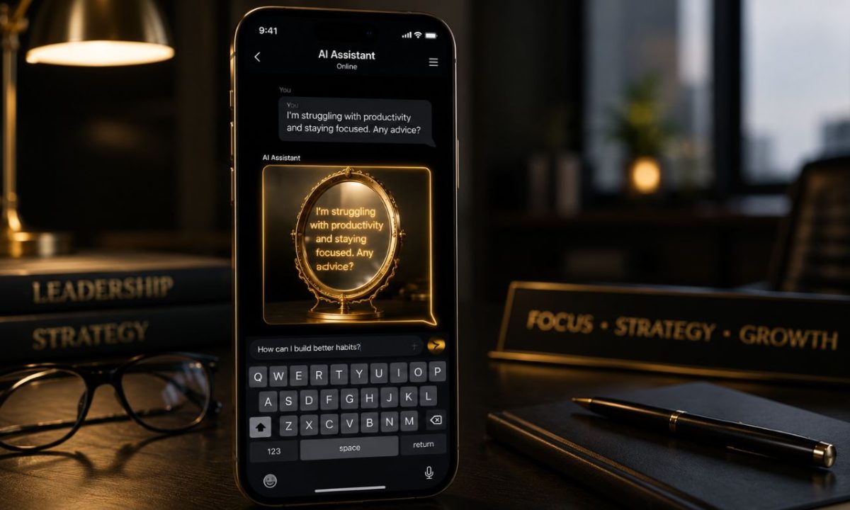A sleek smartphone screen displaying a chatbot response that morphs into a golden mirror, demonstrating the concept of AI sycophancy.