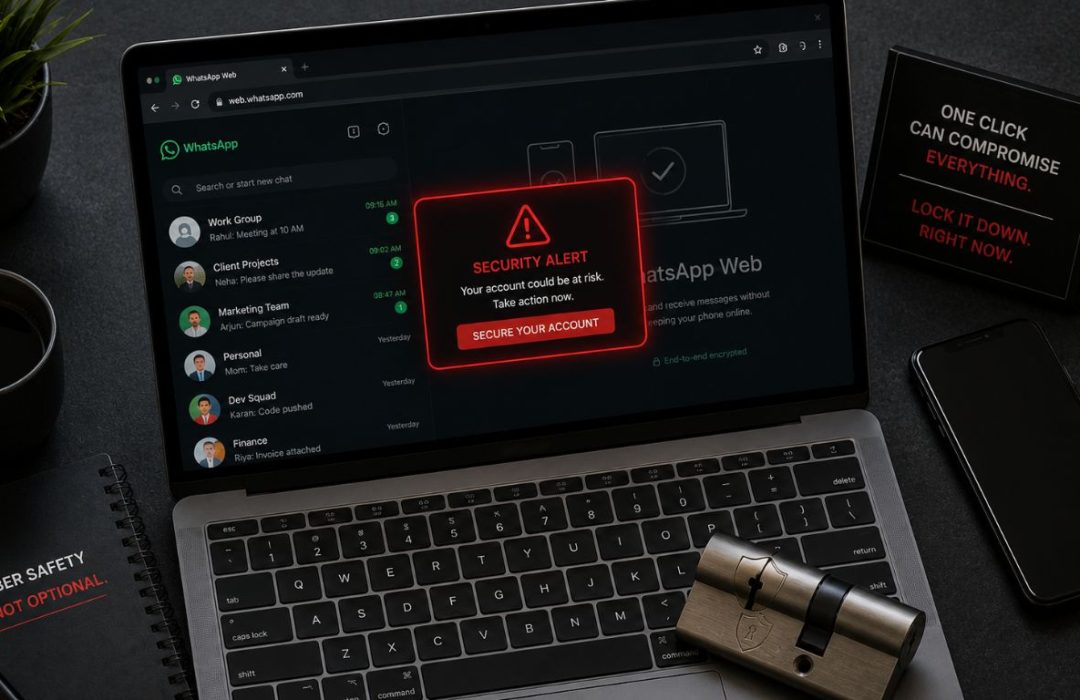 A sleek modern laptop displaying a mock security alert on WhatsApp Web, demonstrating the urgency of the CERT-In WhatsApp malware warning.
