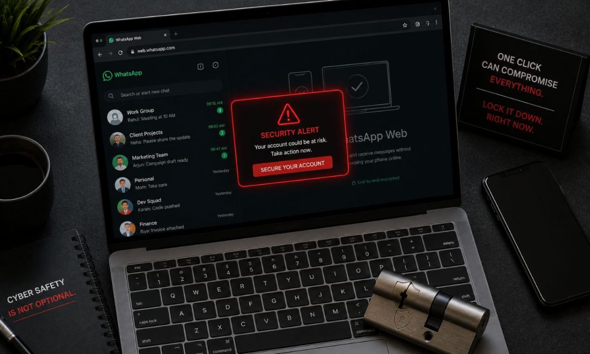 A sleek modern laptop displaying a mock security alert on WhatsApp Web, demonstrating the urgency of the CERT-In WhatsApp malware warning.