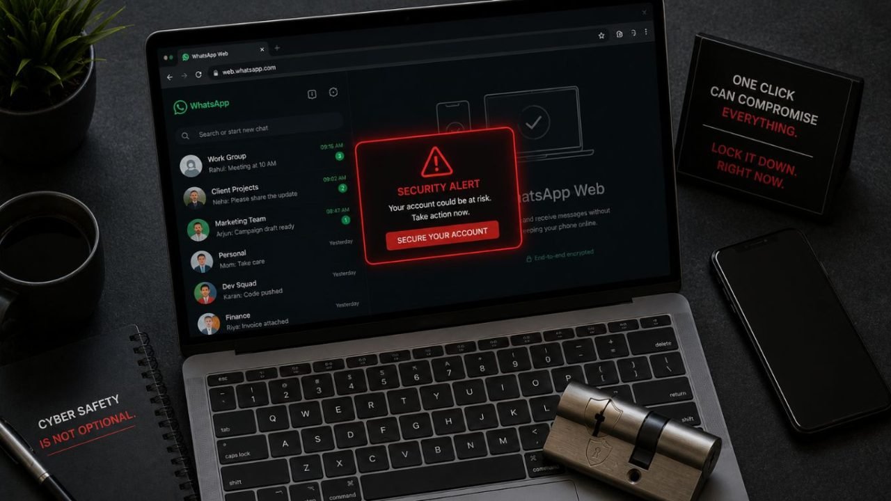 A sleek modern laptop displaying a mock security alert on WhatsApp Web, demonstrating the urgency of the CERT-In WhatsApp malware warning.