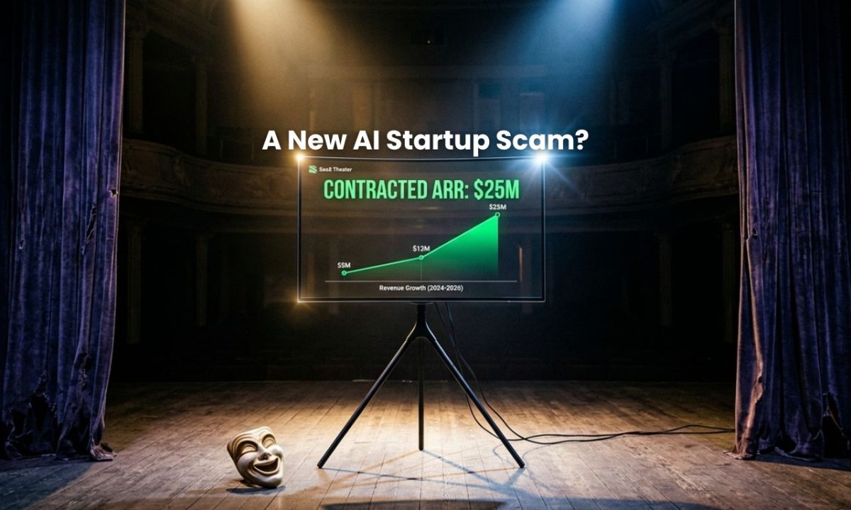 A theatrical stage with spotlights illuminating a monitor displaying a fake AI startup growth chart with contracted ARR metrics, illustrating the concept of "SaaS Theater."