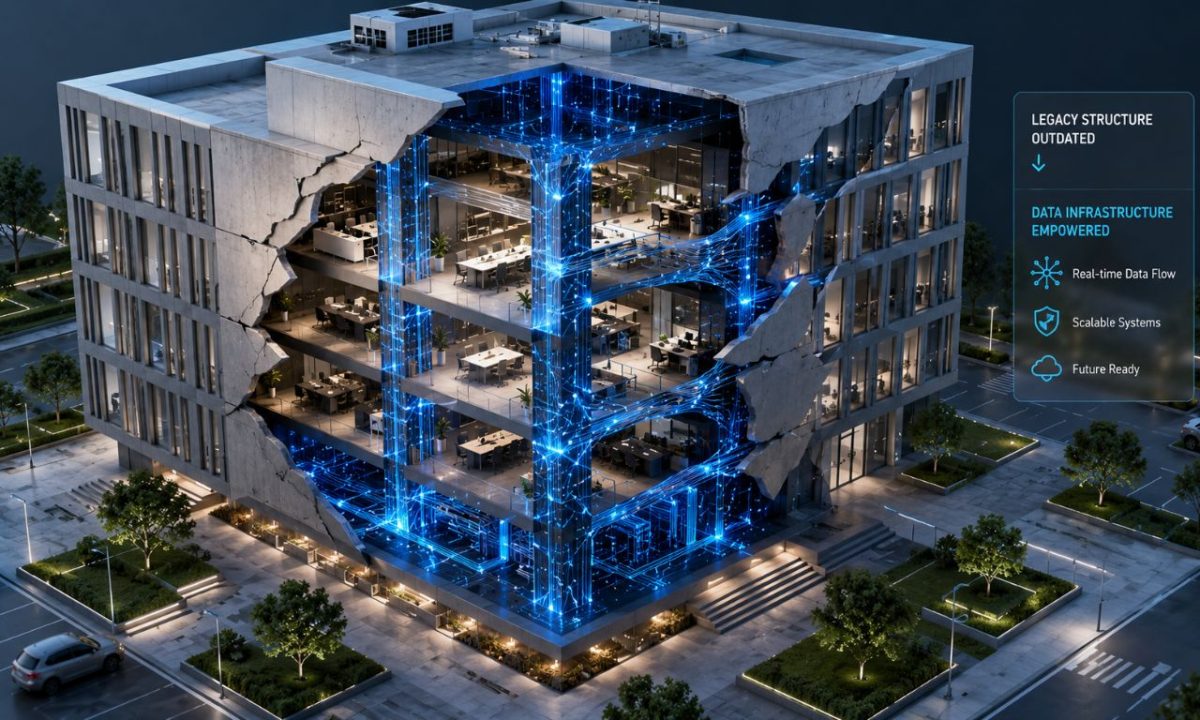 An architectural render of an office building transforming into digital pipelines, illustrating modern corporate restructuring trends.