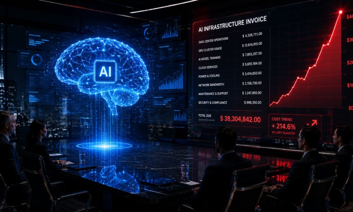 A corporate boardroom showing a spiking digital expense graph next to a glowing AI hologram, illustrating the rising cost of AI in business.